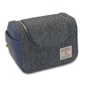Harris Tweed Men's Wash Bag with a blue PU leather body and finished with a Black & Grey Herringbone fabric.