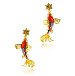 Close-up of Koi Carp Drop Earrings with gold and red enamel detailing.