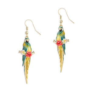 Bill Skinner tropical parrot drop earrings with blue enamel, red and white flower detail, and gold-plated finish.