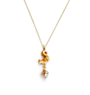 Gold-plated Squirrel & Acorn Pendant Necklace by Bill Skinner with hand-painted enamel details.