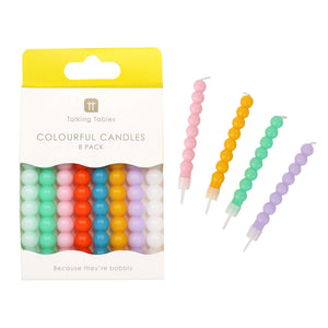 Birthday Brights Bobble Candles 8 Pack by Talking Tables – colourful beaded candles in bright and pastel shades.