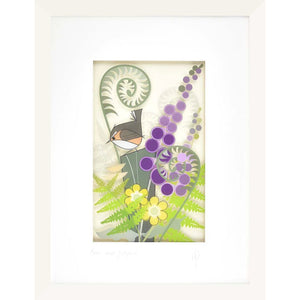 Front view of ‘Fern & Foxglove’ framed wren and foliage print by Black Hen Designs.