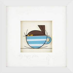 Front view of ‘My Happy Place’ framed robin print by Black Hen Designs.