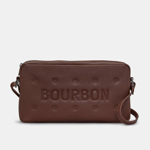 Front view of Bourbon Biscuit Leather Cross Body Bag in soft brown leather with embossed Bourbon biscuit design.