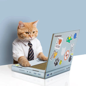 Cardboard cat laptop scratch pad with orange tabby in shirt and tie typing on faux keyboard.