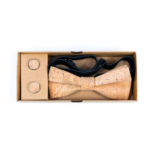 Front view of cork bow tie and cufflink gift set in eco kraft box.