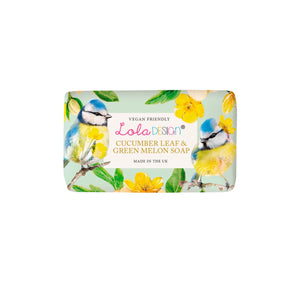 Cucumber Leaf & Green Melon Soap bar with Lola Design blue tits packaging, vegan friendly and enriched with shea butter.