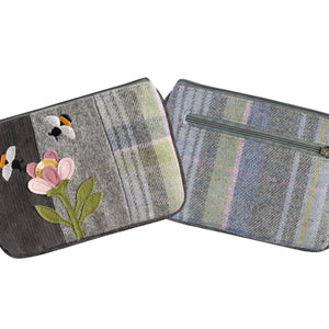 Earth Squared Tweed Juliet Purse: Pink Flower & Two Busy Bees Applique & Grey Cord on Pink, Green & Grey Tweed. Two Zips Keep Essentials Organised.