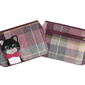Earth Squared Tweed Juliet Purse: Plum Tweed Chic! Secure Your Essentials with Two Zips. Cute Cat Applique on Front. 