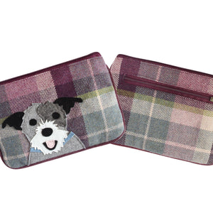 Earth Squared Tweed Juliet Purse: Adorable Dog Applique on Plum Tweed. Two Zips Keep Essentials Organised.
