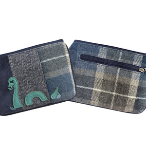 Earth Squared Tweed Applique Juliet Purse: Blue & Grey Tweed Beauty with Loch Ness Monster Applique & Blue Cord. Two Zips for Cards & Cash.