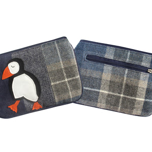 Earth Squared Tweed Juliet Purse: Blue Cord Accents & Chic Blue & Grey Tweed! Secure Essentials with Two Zips. Cute Puffin Applique on Front.