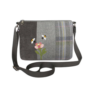 Earth Squared Tweed Applique Messenger Bag: Buzzing with Style & Function! Bee & Pink Flower Applique on Chic Grey Cord & Grey Tweed. 