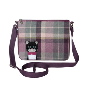 Earth Squared Tweed Messenger Bag: Feline Flair for Everyday Adventures! Playful Cat Applique on Chic Plum Tweed.