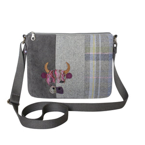 Cow Design: Earth Squared Tweed Messenger Bag: Playful cow applique on grey cord and a grey and mustard  tweed. Adjustable strap & secure zip.