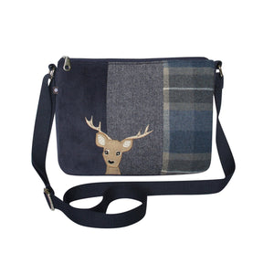 Deer Design: Earth Squared Tweed Messenger Bag: A Touch of Wilderness! Majestic Deer Applique on Grey Cord and Blue Tweed.