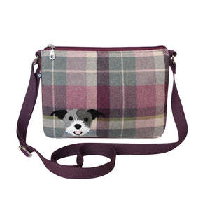 Dog Design: Earth Squared Tweed Messenger Bag: Loyal Companion by Your Side! Playful Dog Applique on Plum Tweed.