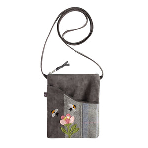 Earth Squared Tweed Applique Sling Bag: Two Busy Bees & Pink Flower Applique with Long Strap. Grey Tweed Chic with Grey Cord.