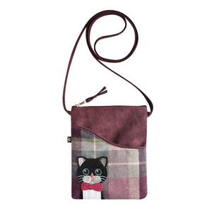 Earth Squared Tweed Applique Sling Bag: Classic Plum Tweed with Matching Cord Detail. Secure Zip Closure & Cute Cat Applique on Front. Long Strap for Easy Carrying.