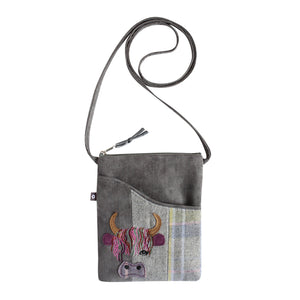 Earth Squared Tweed Applique Sling Bag: Grey, White & Mustard Tweed Beauty with Grey Cord & Cow Applique. Long Strap for Comfort.