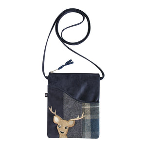 Earth Squared Tweed Applique Sling Bag: Classic Blue & Grey Tweed with Blue Cord Accents. Secure Zip Closure & Majestic Deer Applique on Front. Long Strap for Easy Carrying.