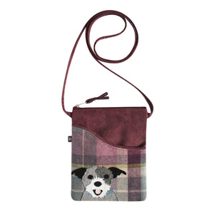 Earth Squared Tweed Applique Sling Bag: Adorable Dog Applique & Long Strap. Plum Tweed Chic with Matching Cord.