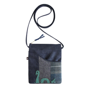 Earth Squared Tweed Applique Sling Bag: Playful Loch Ness Monster Applique & Long Strap. Blue Cord Accents Chic Blue & Grey Tweed. 