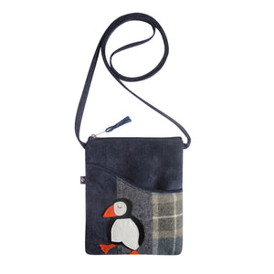 Earth Squared Tweed Applique Sling Bag: Playful Puffin Applique & Long Strap. Blue Cord Accents Chic Blue & Grey Tweed.