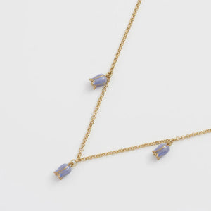 Front view of the Fable England Bluebell Charm Necklace – A gold-plated chain with three delicate hand-painted bluebell charms, beautifully crafted.