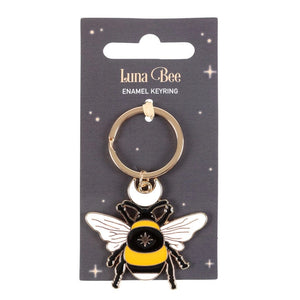 Forest Bee Enamel Keyring on backing card with gold ring.