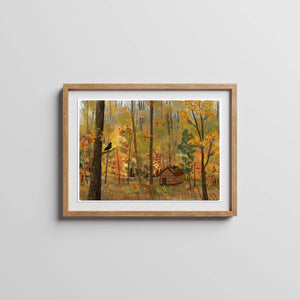 Great Smoky Mountains art print featuring autumn forest with rustic cabin and crow on branch.