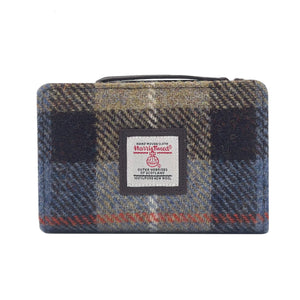 Blue/Brown Check: Classic Blue/Brown Check Harris Tweed Zip Purse with Brown vegan leather trim.
