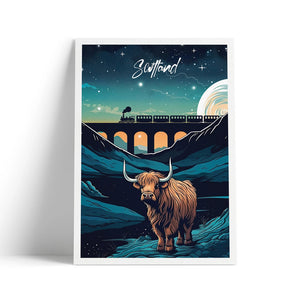 Highland Cow at Night art print featuring a Highland cow under a starry sky with a viaduct and steam train in the background
