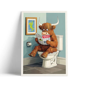 Funny art print of a Highland cow sitting on a toilet reading “Moos of the World,” with a map of the Isle of Skye on the bathroom wall.