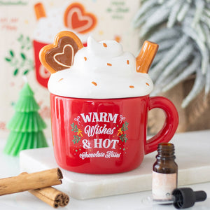 Red ceramic oil burner shaped like a hot chocolate mug with whipped cream lid and “Warm Wishes & Hot Chocolate Kisses” text.