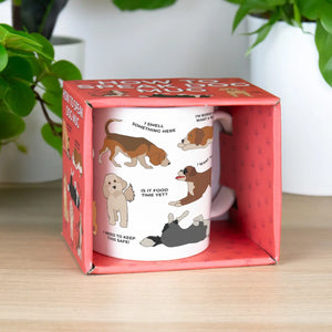How to Speak Dog Mug in red gift box with illustrated dogs and playful captions like “Is it food time yet?” and “I smell something here” on a white ceramic mug, placed on a wooden surface with green houseplants in the background.