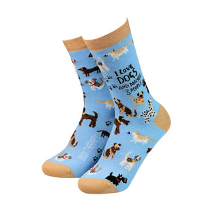 Light blue women’s bamboo socks with dog print and text “I love dogs and maybe 3 people” by Sock Therapy – sustainable, soft, and fun dog lover gift.