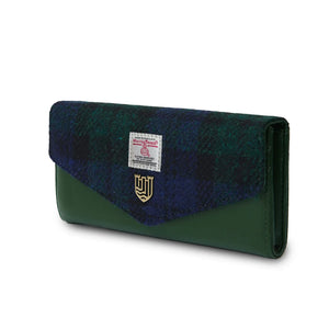 Ladies Harris Tweed Large Clasp Purse with a green PU leather body and finished with a Black Watch Tartan fabric.