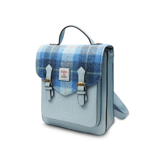 Side view of the Islander Blue Tartan Calton Backpack with Harris Tweed. This image shows the depth of the bag.