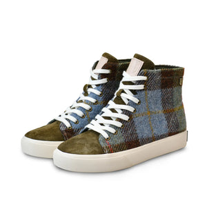 Pair of ladies Harris Tweed trainers with a green, blue and brown chestnut tartan finish.