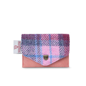 Front view of Islander Pink & Blue Tartan Harris Tweed Card Holder with envelope-style flap, metal crest detail, and authentic Harris Tweed label tag.