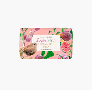Italian Fig Vegan Friendly Wren Soap by Lola Design featuring pink floral packaging, figs, and a wren illustration. Vegan, cruelty-free, Shea butter soap.