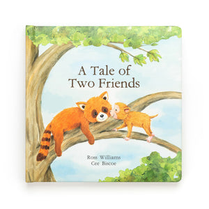 Jellycat A Tale of Two Friends book cover showing red panda and monkey in tree.