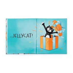 Inside pages of Jellycat All Kinds Of Cats Book showing Jellycat Jack standing in an orange and blue gift box.