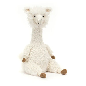 Jellycat Alonso Alpaca is a children's soft toy covered in white fluffy fur and with corduroy brown hooves.