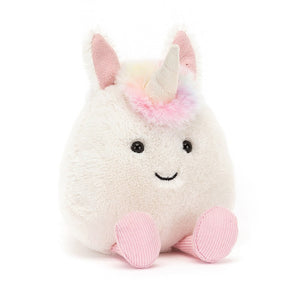 Jellycat children's soft toy in the shape of a magical unicorn with a pointy horn and little pink boots.
