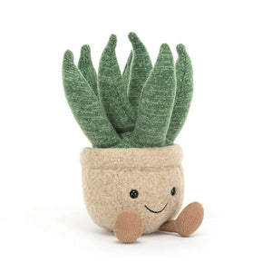 Super-soft Jellycat Amuseable Aloe Vera Small plush with punky green "succulent" arms, toffee cord boots, and a cute beanie base, nestled in a cozy felt biscuit pot.