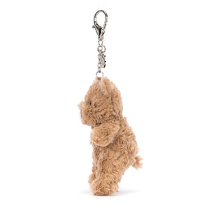 From the side the Jellycat Bartholomew Bear Bag Charm.