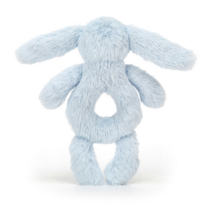 Jellycat Bashful Blue Bunny Ring Rattle backside. Soft blue bunny rattle with a built-in rattle for shaking fun. Perfect for tiny hands. 