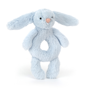 Sensory play with the Jellycat Bashful Blue Bunny Ring Rattle. Soft blue bunny rattle with inviting doughnut tummy that rattles for auditory stimulation.
